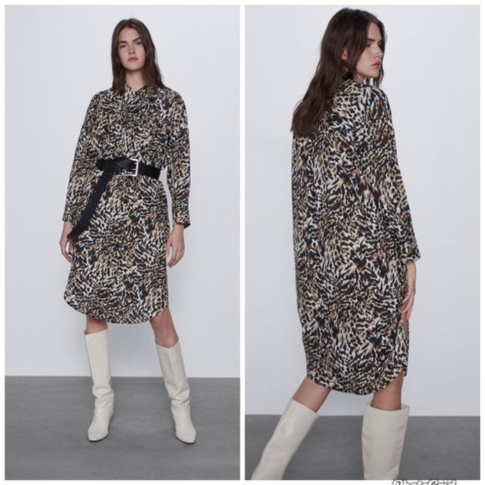 NWT ZARA PRINTED SHIRTDRESS LINEN LEOPARD S